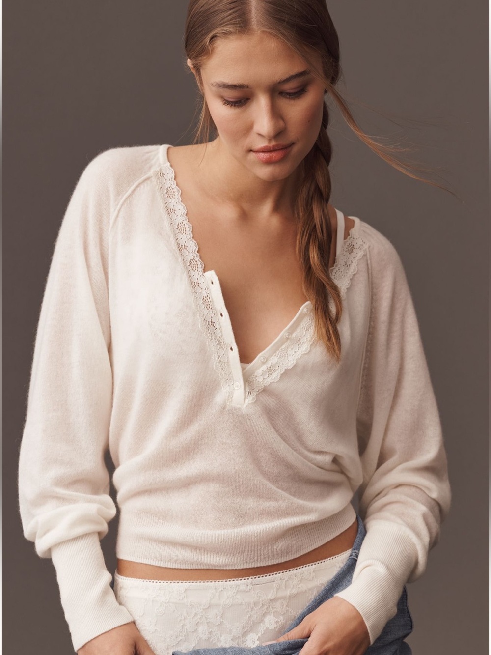 Anthropologie wool cashmere lace trim sweater